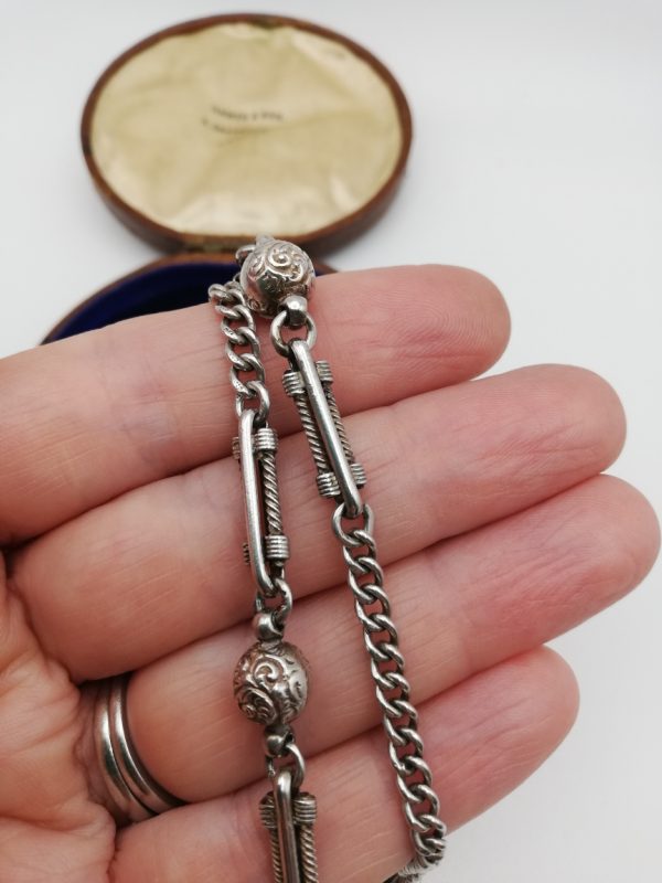 Victorian sterling silver unusual fob chain necklace with tassle drop and T-bar