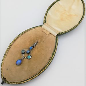 Arthur and Georgie Gaskin silver and opals Arts and Crafts pendant c1900 in original Gaskins fitted leather box
