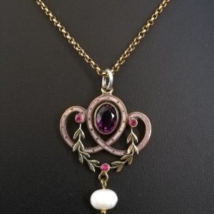 1800s French rolled gold, enamel, pink and purple pastes and pearl pendant