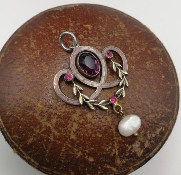 1800s French rolled gold, enamel, pink and purple pastes and pearl pendant