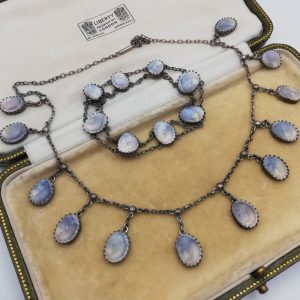 Victorian rare fringe necklace demi-parure set in silver with operculum shell -wonderful pair!