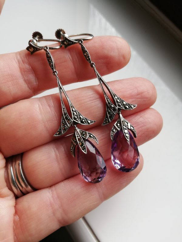 Art Deco 1920s German statement drop earrings in silver with faceted amethyst drops and marcasites