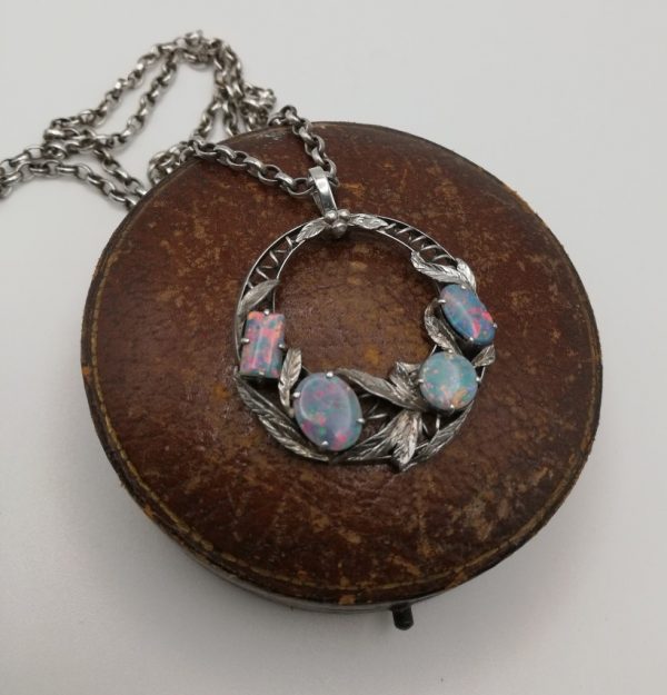 Bernard Instone c1930s Arts and Crafts pendant in silver with super colourful opal doublets