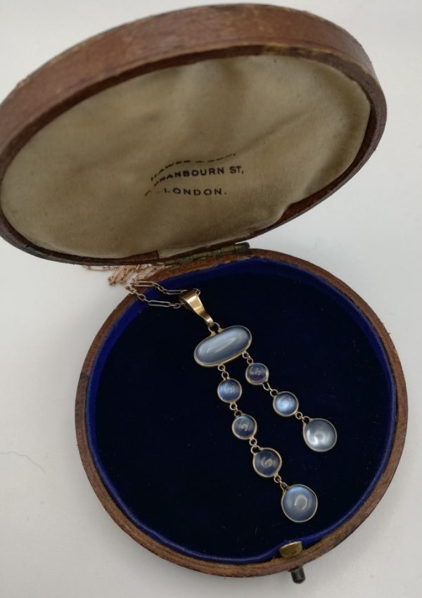 Beautiful c1910 Edwardian gold and Ceylon moonstones spectacle set asymmetric pendant