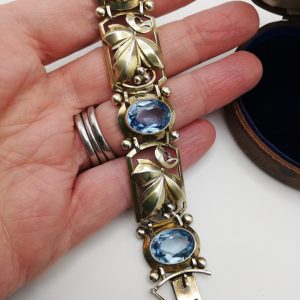 Early Art Deco 1920s foliate silver gilt bracelet with amazing blue spinels- a rarity!