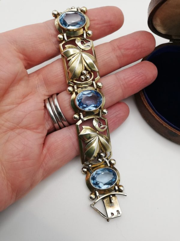 Early Art Deco 1920s foliate silver gilt bracelet with amazing blue spinels- a rarity!
