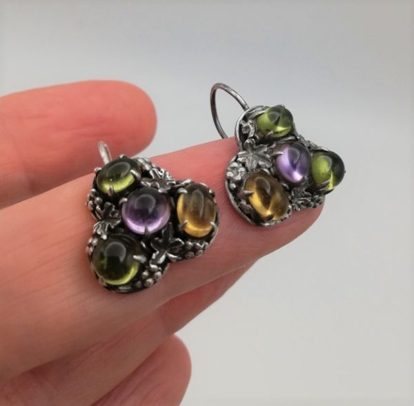 Edith Linnell c1930s Arts and Crafts earrings in silver with mixed gem stones
