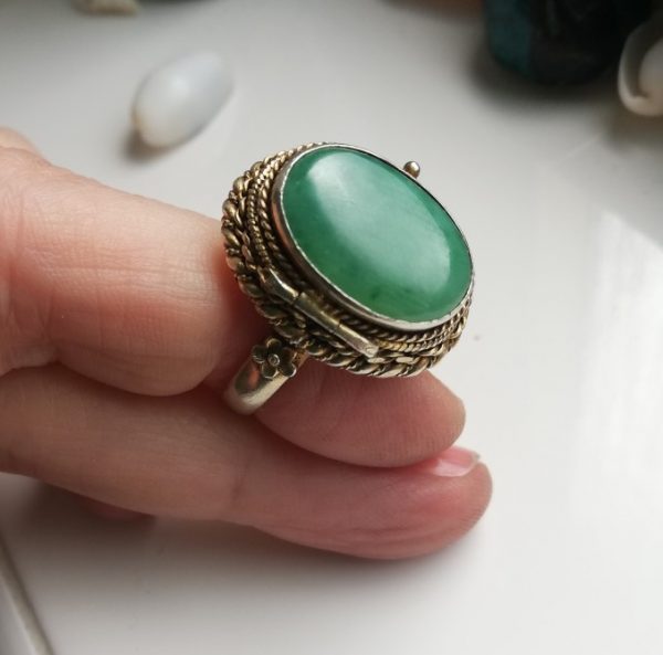 Antique 1920s Chinese export silver gilt and jadeite poison ring with secret carving
