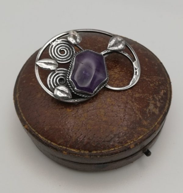 Arts and Crafts c1910 sterling silver and amethyst foliate brooch- George Hunt?