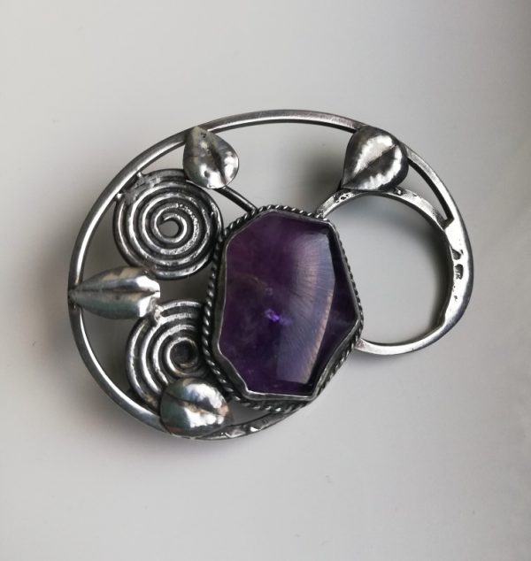 Arts and Crafts c1910 sterling silver and amethyst foliate brooch- George Hunt?