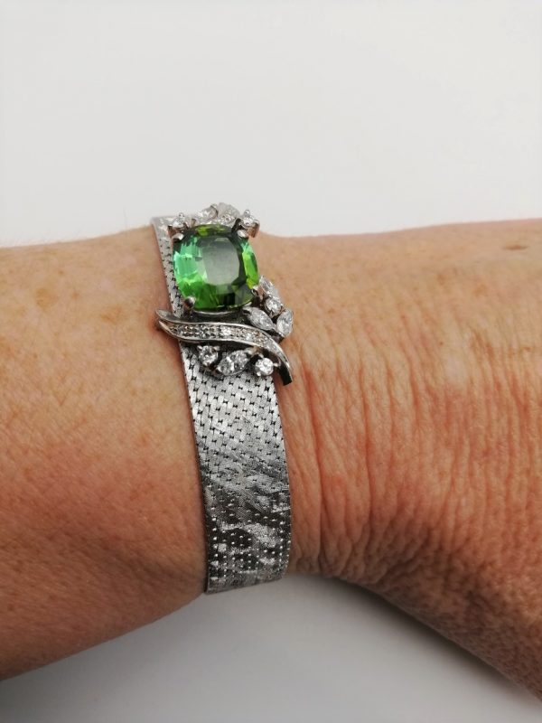 Art Deco 18ct white gold mesh wrap bracelet set with diamonds and green tourmaline