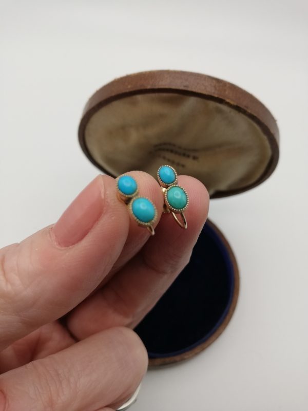 Antique Victorian 9ct gold and double turquoise stud earrings on original screw backs