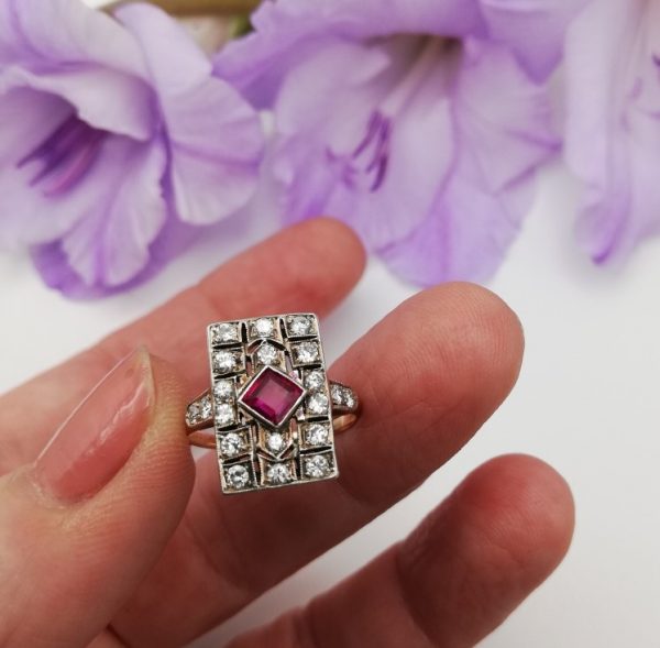 1920s Art Deco 18ct gold and platinum plaque ring with ruby and diamonds