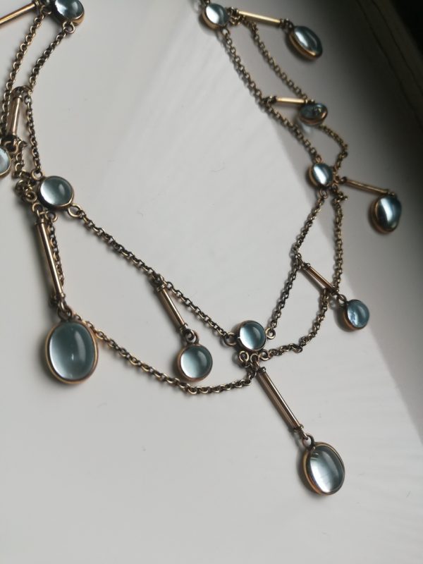 Incredibly rare Edwardian 9ct gold and blue spinel festoon fringe necklace
