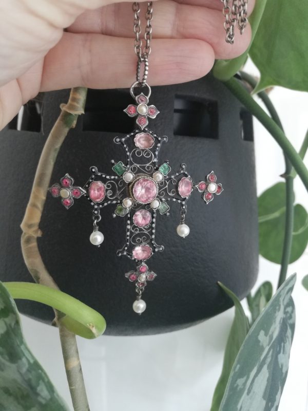 Georgian French rare black and white enamel, pink paste, emeralds and pearls pendant