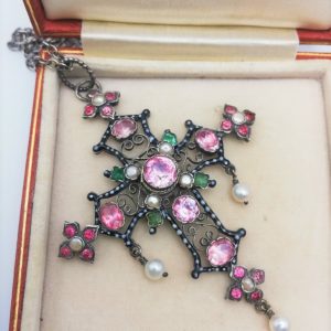 Georgian French rare black and white enamel, pink paste, emeralds and pearls pendant