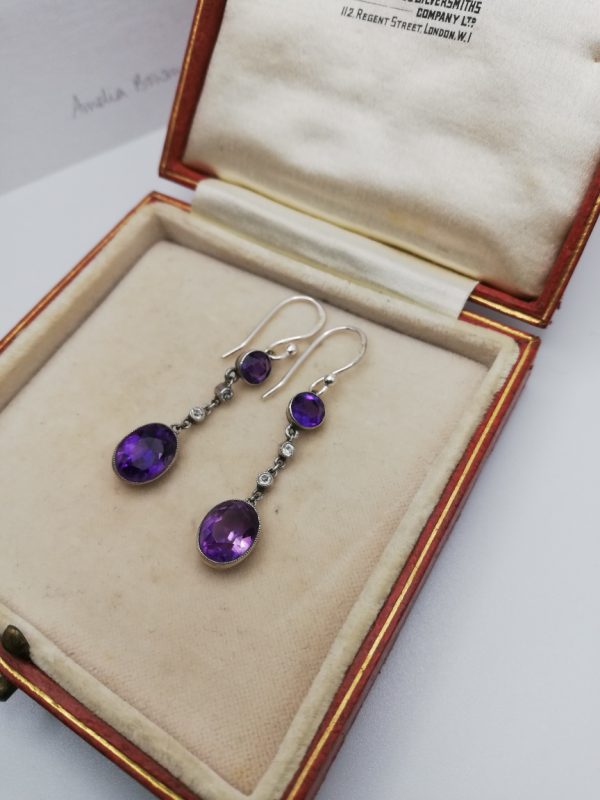 Antique 1920-1930 drop earrings in silver with amethyst and rock crystal