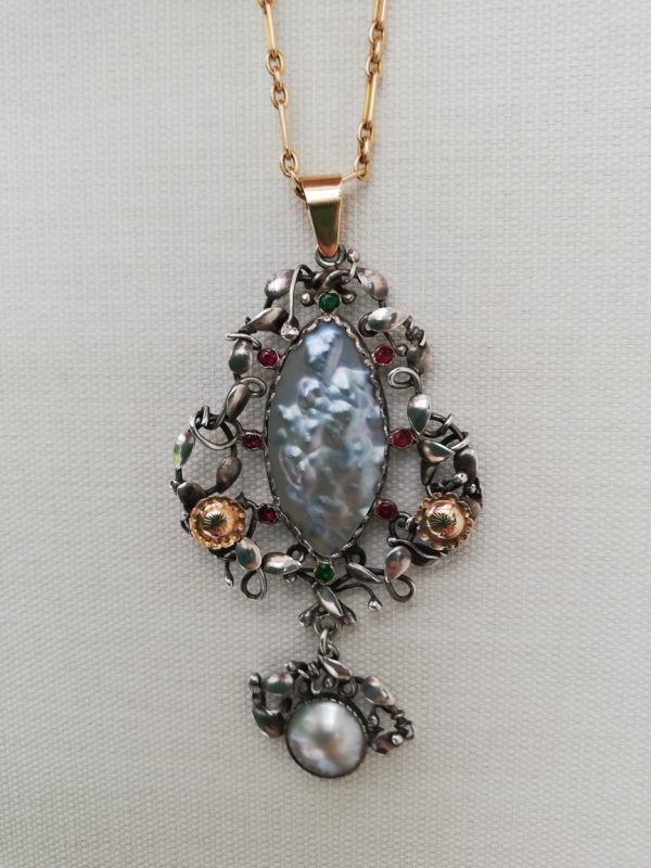Astonishing c1900 Guild of Handicraft attr Arts and Crafts pendant necklace, gold, silver, rubies, emeralds and pearls