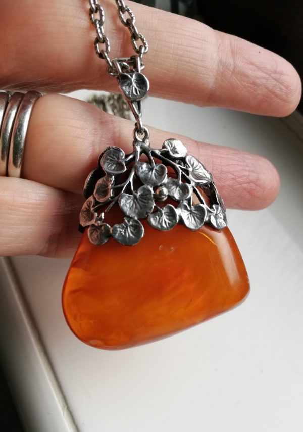 Amy Sandheim 1920s gorgeous, hand crafted silver foliate pendant with amber and matching bale
