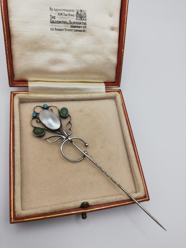 Arthur and Georgie Gaskin attrib c1900 Arts and Crafts rare gem set fibula design pin