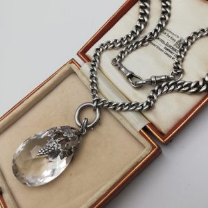 Antique Arts and Crafts rock crystal silver foliate pendant with heavy Victorian choker chain