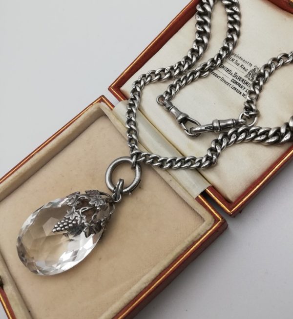 Antique Arts and Crafts rock crystal silver foliate pendant with heavy Victorian choker chain