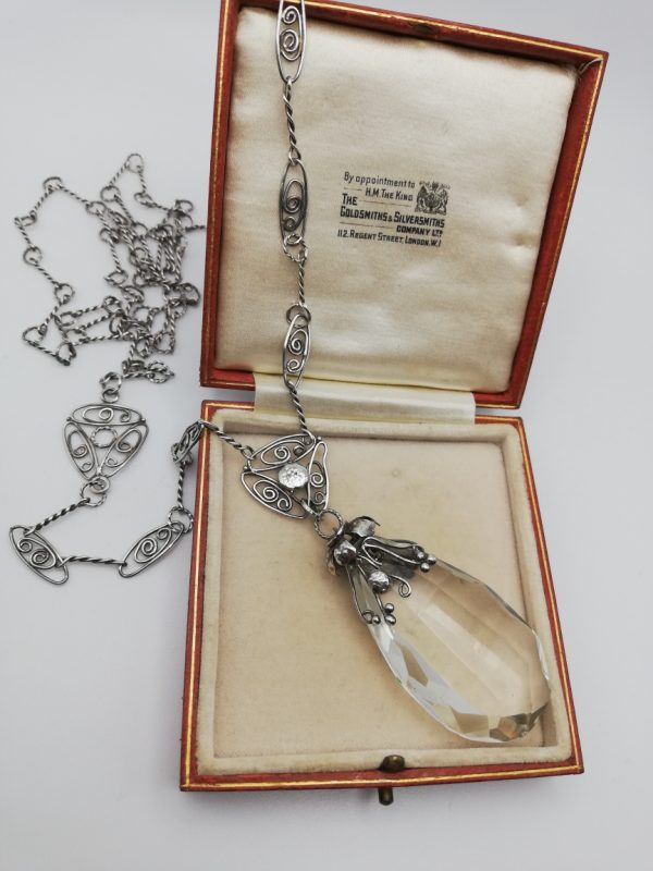 Fabulous c1900 hand crafted Arts and Crafts sautoir necklace in silver with crystal drop