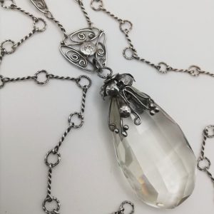 Fabulous c1900 hand crafted Arts and Crafts sautoir necklace in silver with crystal drop
