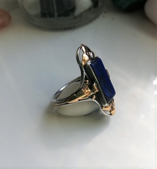 Exquisitely hand crafted c1900 Arts and Crafts ring in silver, gold and lapis lazuli