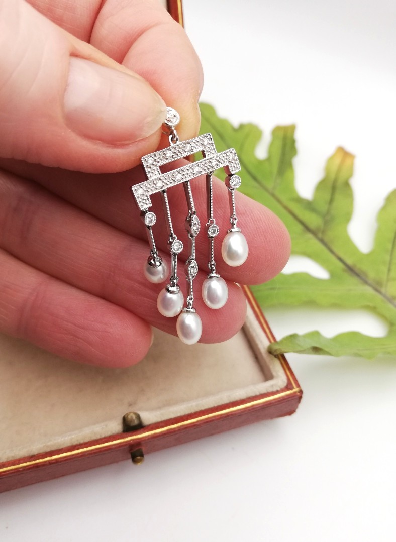 Art Deco style 18ct white gold, diamonds and pearls pendant only Art Deco style 18ct white gold, diamonds and pearls pendant only