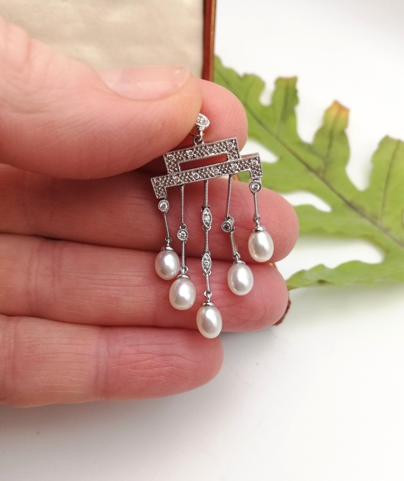 Art Deco style 18ct white gold, diamonds and pearls pendant only Art Deco style 18ct white gold, diamonds and pearls pendant only