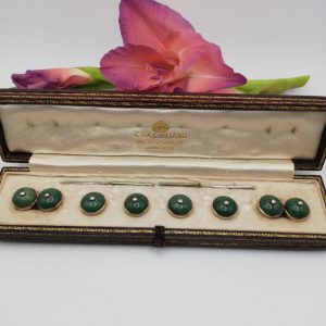 Carlo and Arthur Giuliano scarce Edwardian gold aventurine dress studs in original Giuliano 115 Piccadilly fitted case
