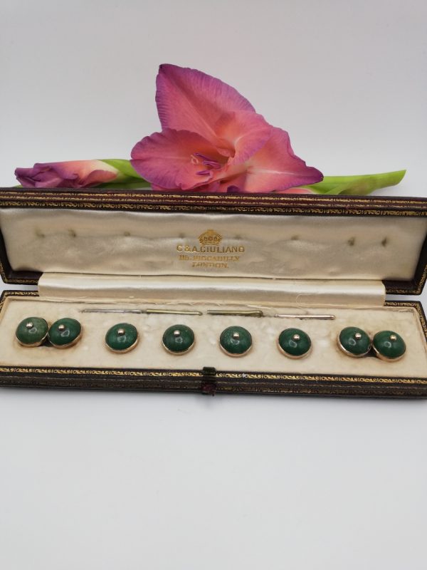 Carlo and Arthur Giuliano scarce Edwardian gold aventurine dress studs in original Giuliano 115 Piccadilly fitted case