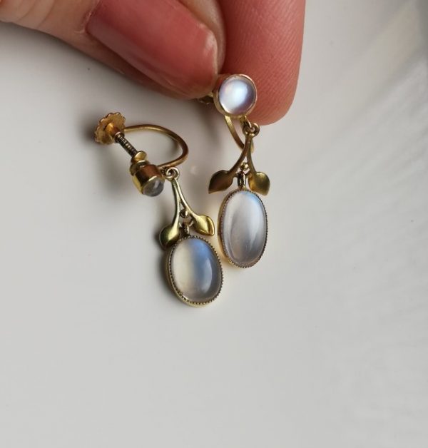 Rare Liberty & Co antique c1910 9ct gold foliate earrings with moonstones and original screw backs