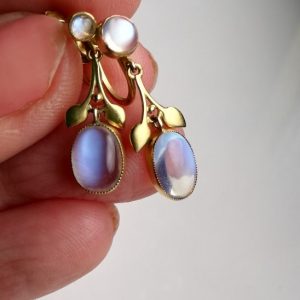 Rare Liberty & Co antique c1910 9ct gold foliate earrings with moonstones and original screw backs