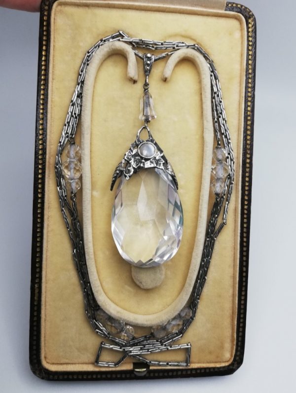 Lovely Amy Sandheim early 1920s Arts and Crafts foliate rock crystal silver gem set pendant with original sautoir chain