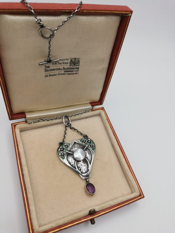 Murrle Bennett c1908 rare Suffragette pendant necklace with enamel, amethyst and pearl
