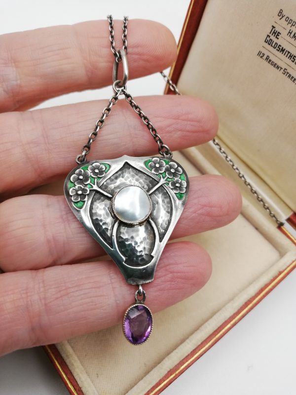 Murrle Bennett c1908 rare Suffragette pendant necklace with enamel, amethyst and pearl