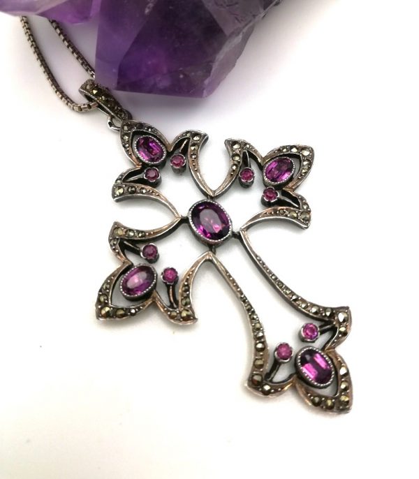 Antique French c1920 silver marcasite and gorgeous purple foiled pastes statement pendant