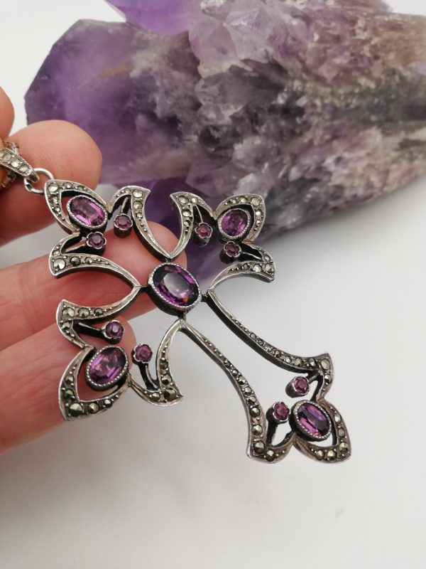 Antique French c1920 silver marcasite and gorgeous purple foiled pastes statement pendant
