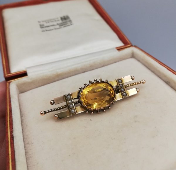 Victorian Etruscan 9ct gold citrine and seed pearls bar brooch