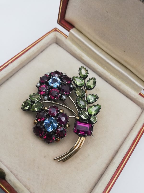 Dorrie Nossiter c1925 fabulous Arts and Crafts gem-studded bouquet brooch in gold and silver