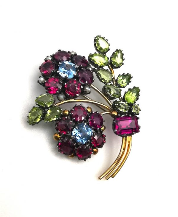 Dorrie Nossiter c1925 fabulous Arts and Crafts gem-studded bouquet brooch in gold and silver