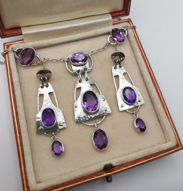 Murrle Bennett c1905 unique hand-hammered silver and amethyst necklace and matching earrings set