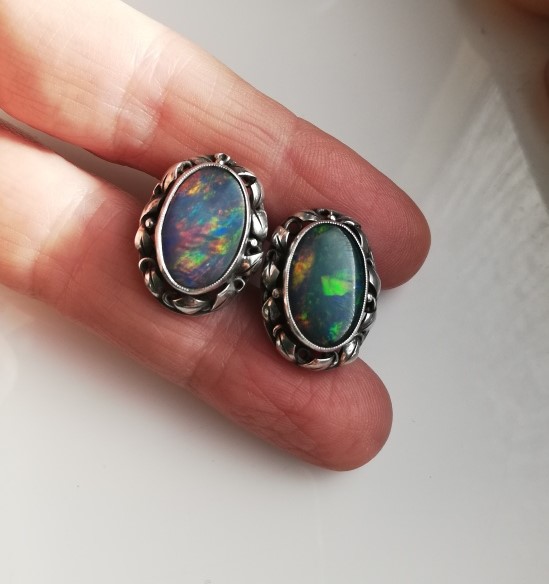 Rhoda Wager attr Arts and Crafts black opal doublet and silver foliate earrings