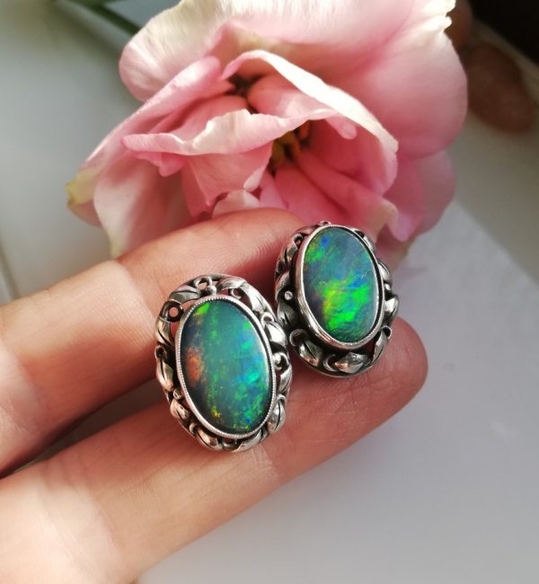 Rhoda Wager attr Arts and Crafts black opal doublet and silver foliate earrings