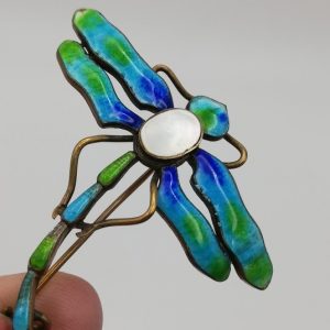 Antique c1900 Arts and Crafts gilt metal, enamel and mother of pearl dragonfly brooch