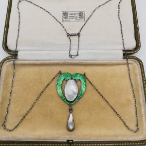 Large c1900 Arts and Crafts silver, foiled green enamel heart and blister pearl pendant necklace