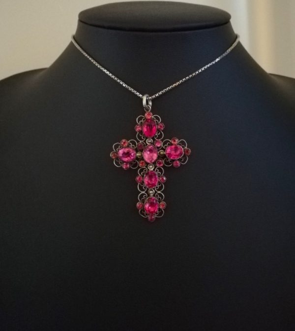 Antique Georgian silver filigree and pink pastes cruciform pendant