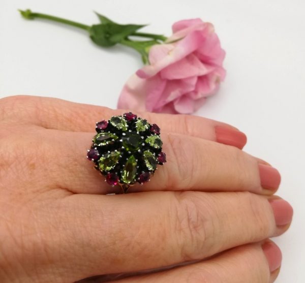 Dorrie Nossiter c1930 rare 9ct gold Arts and Crafts ring with rubies, peridots and tourmaline